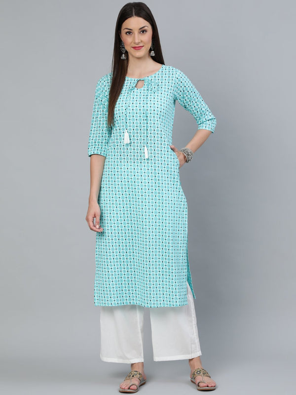 Women's Aqua Blue Geometric Printed Straight Kurta With Three Quarters Sleeves - Nayo Clothing