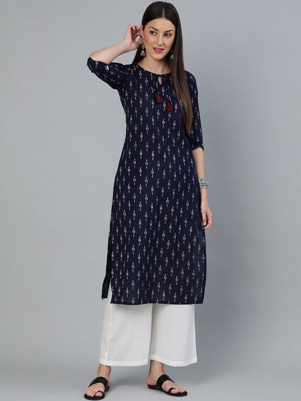 Women's Navy Blue Ikat Printed Straight Kurta With Three Quarters Sleeves - Nayo Clothing