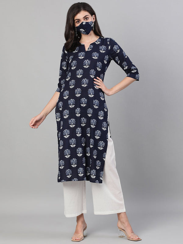 Women's Indigo Calf Length Three-Quarter Sleeves Straight Floral Printed Cotton Kurta With Pockets And Face Mask - Nayo Clothing