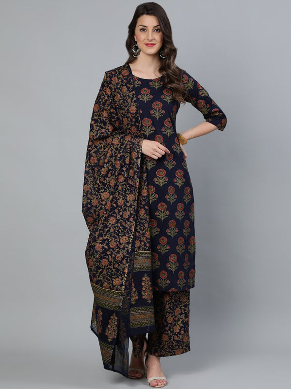 Women's Blue and Gold Printed traight Kurta With Palazzo & Dupatta - Taantav