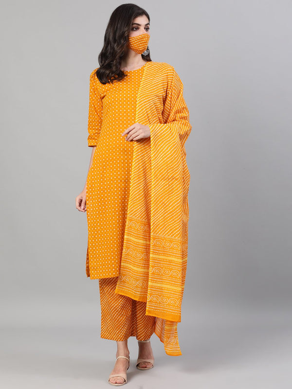 Women's Yellow Three-Quarter Sleeves Printed Kurta-Palazzo With Pockets Dupatta And Fask Mask - Nayo Clothing