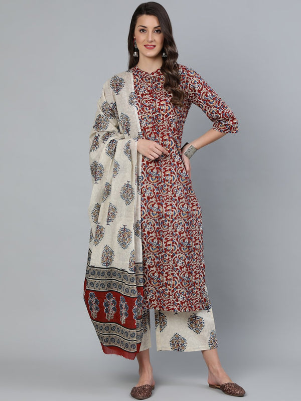 Women's Maroon & Cream Printed Straight Kurta Plazzo with Printed Dupatta - Taantav