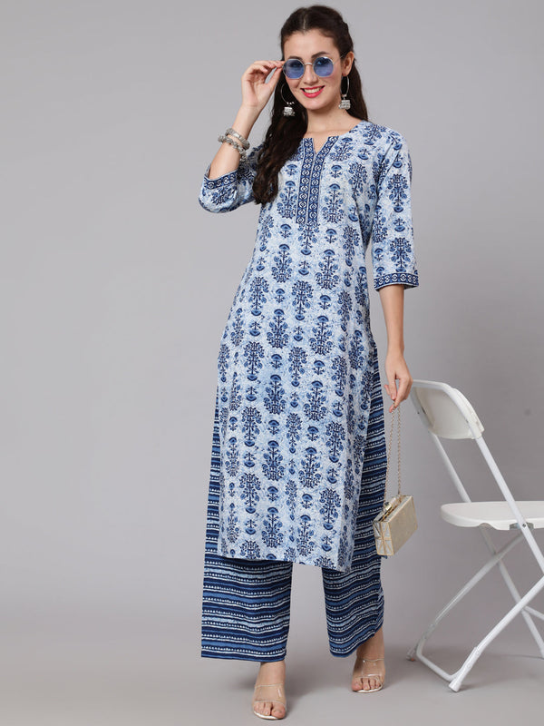 Women's White & Indigo Three-Quarter Sleeves Straight Kurta With Palazzo - Taantav