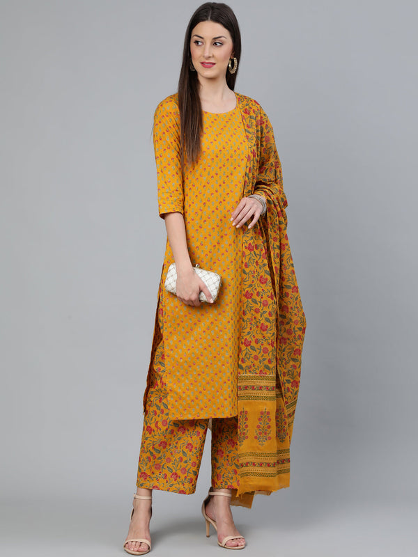 Women's Mustard & Gold Printed Straight Kurta With Plazzo & Dupatta - Taantav