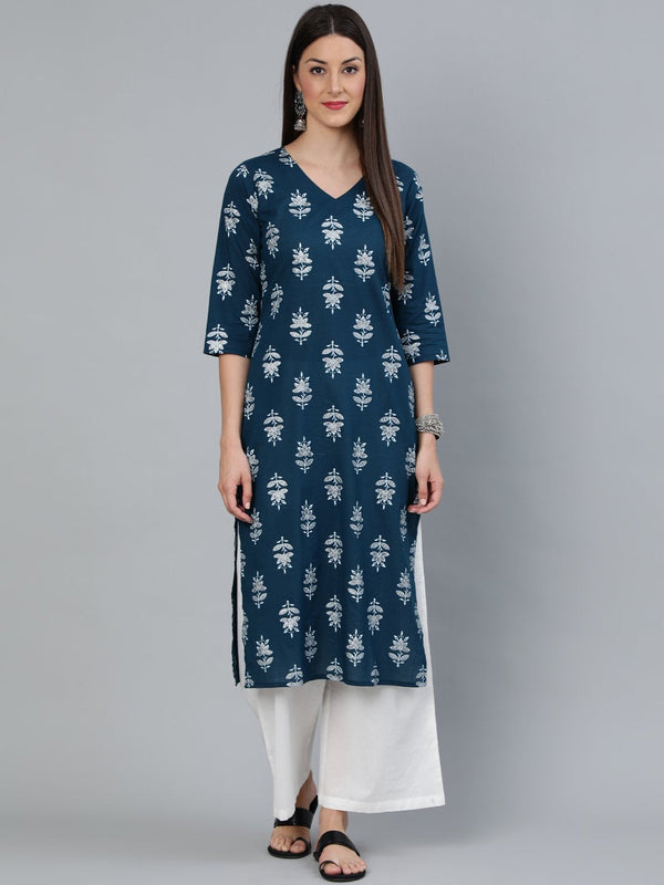 Women's Teal Blue & Silver Printed Straight Kurta With Three Quarters Sleeves - Nayo Clothing