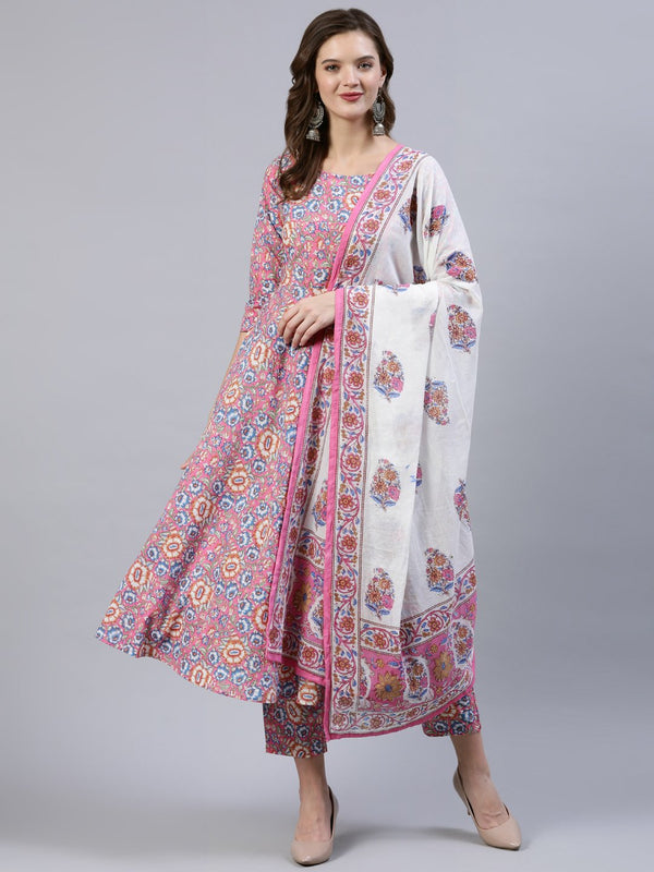 Women's Pink Printed Flared Kurta With Trouser & Dupatta - Taantav