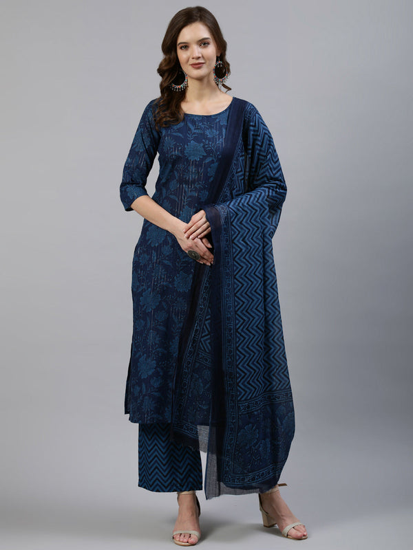 Women's Indigo Floral Printed Straight Kurta With Palazo & Dupatta - Taantav