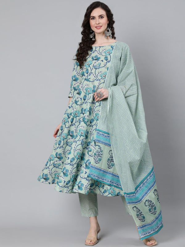 Women's Sage Green Floral Printed Kurta With Trouser & Dupatta - Taantav