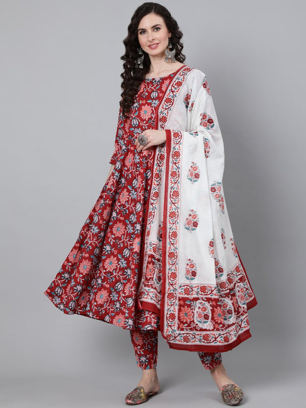 Women's Red Floral Printed Kurta With Trouser & Dupatta - Taantav