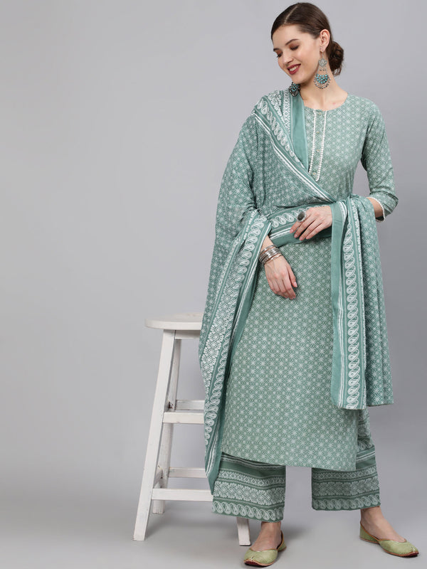 Women's Green Floral Printed Straight Kurta With Plazo & Dupatta - Taantav