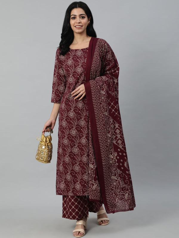 Women's Burgundy & Beige Motifs Printed Pure Cotton Kurta With Plazzos And Dupatta - Taantav