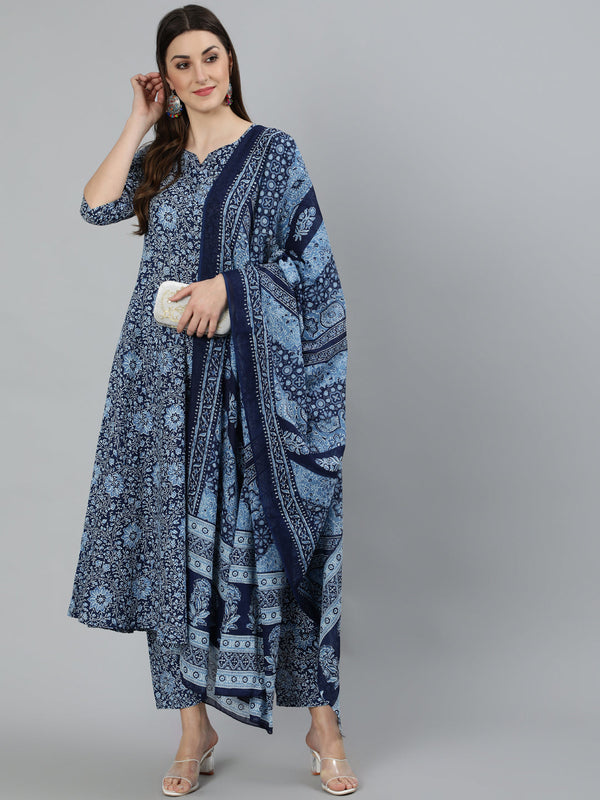 Women's Blue Ethnic Motifs Printed Pure Cotton Kurta with Palazzos & Dupatta - Taantav