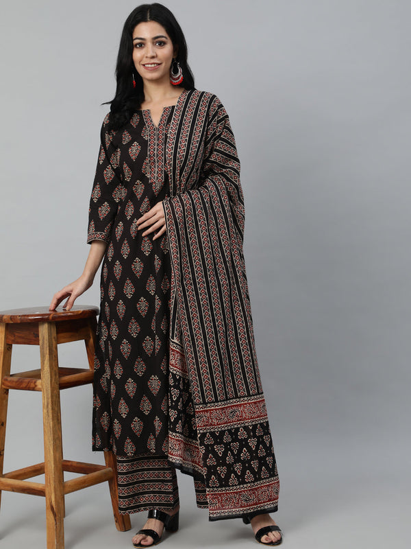 Women's Black Printed Straight Kurta With Plazo & Dupatta - Taantav