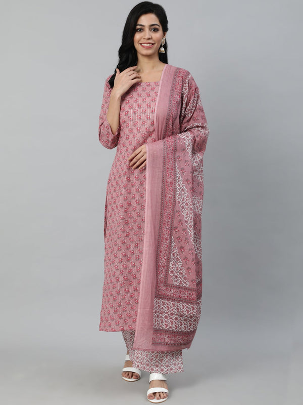 Women's Pink Floral Printed Pure Cotton Kurta & Plazzos with Dupatta - Taantav