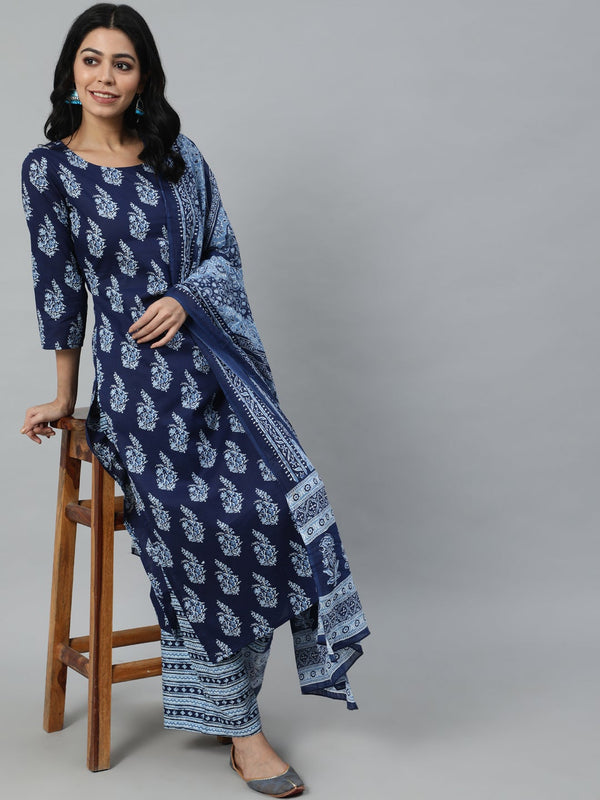 Women's Navy Blue Printed Straight Kurta With Plazo & Dupatta - Taantav