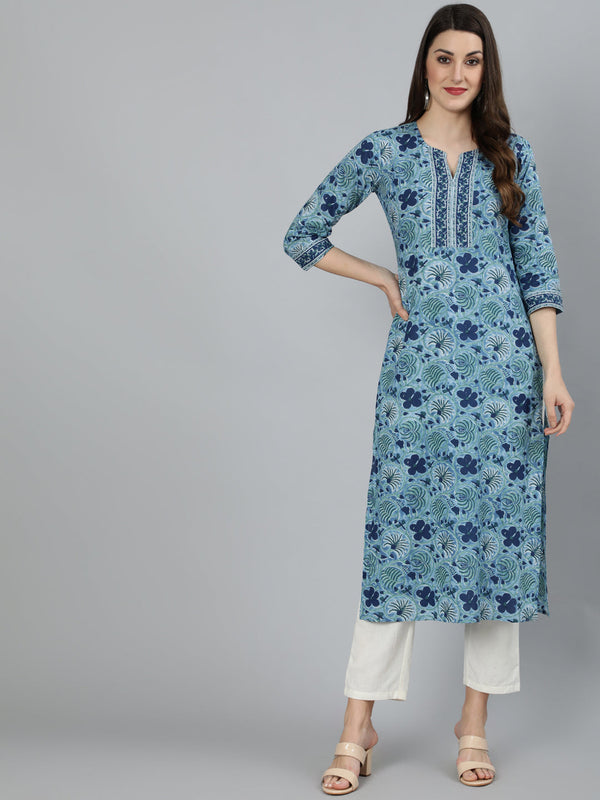 Women's Blue Floral Printed Straight Kurta With Three Quarter Sleeves - Nayo Clothing