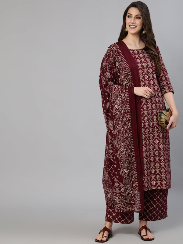 Women's Burgundy Ethnic Printed Straightb Kurta With Palazzo & Dupatta - Taantav