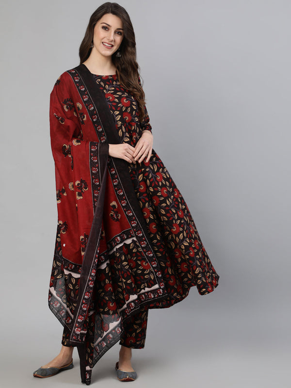 Women's Black And Maroon Floral Printed Kurta With Trouser & Dupatta - Taantav