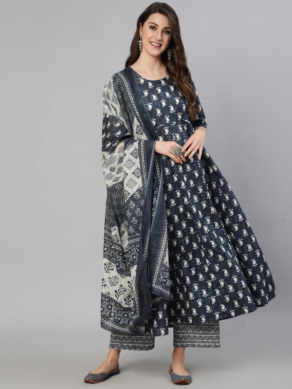 Women's Grey Ethnic Motif Printed Flared Kurta With Trouser And Dupatta - Taantav