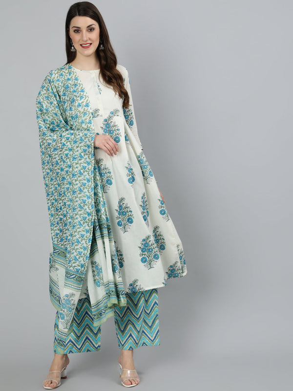 Women's White Ethnic Floral Printed Flared Kurta With Palazzo And Dupatta - Nayo Clothing