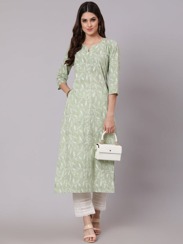 Women's Green Printed Straight Kurta and White Solid Palazzo With Lace Detail - Taantav