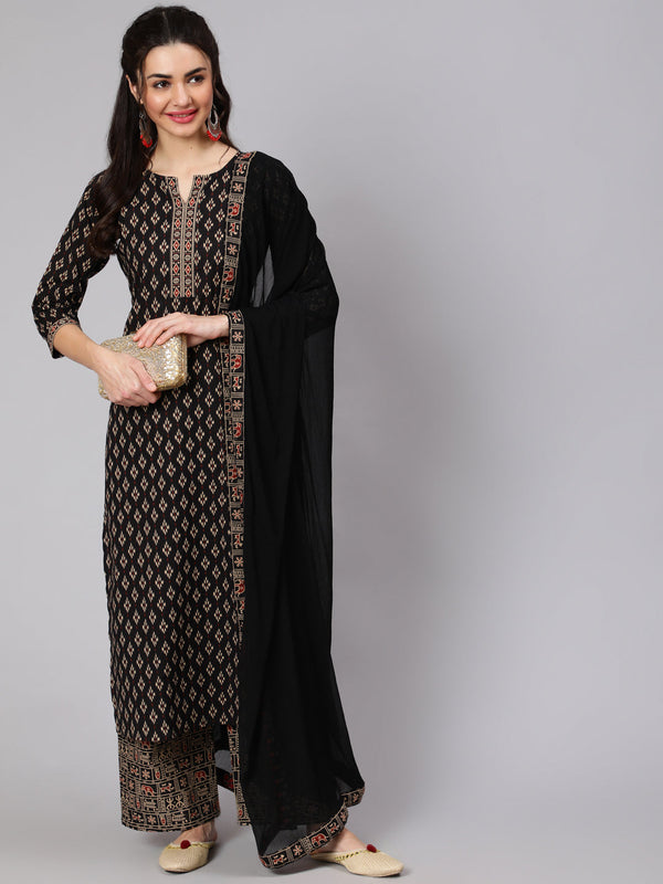 Women's Black Ethnic Printed Straight Kurta With Palazzo And Chiffon Dupatta - Taantav