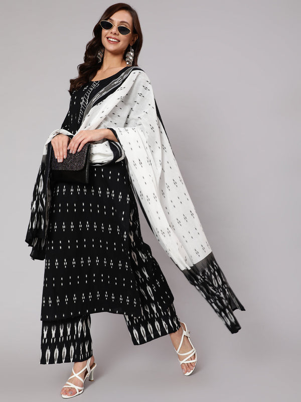 Women's Black Ethnic Printed Straight Kurta With Palazzo And Dupatta - Taantav