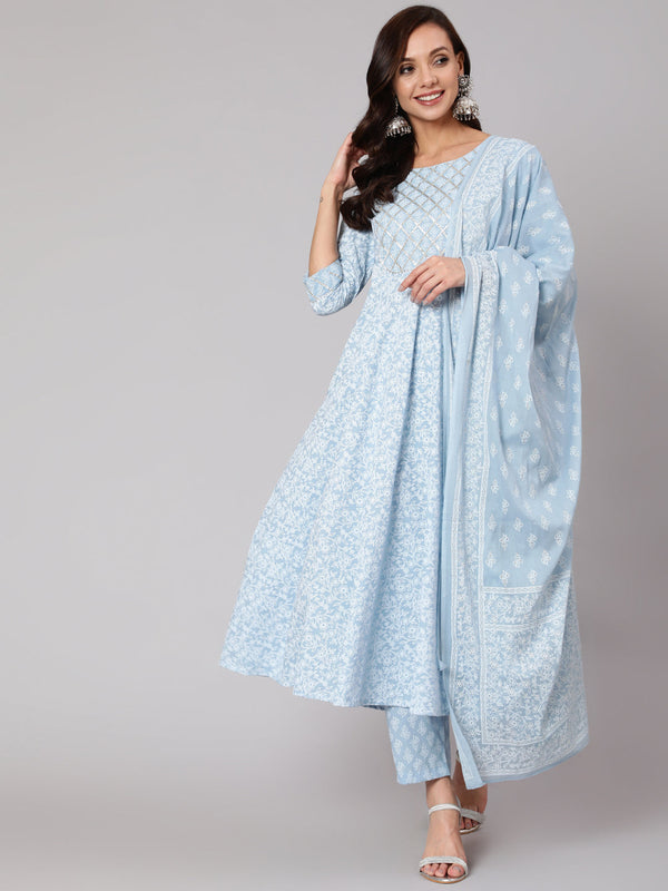 Women's Light Blue Floral Printedt Flared Kurta With Trouser And Dupatta - Taantav