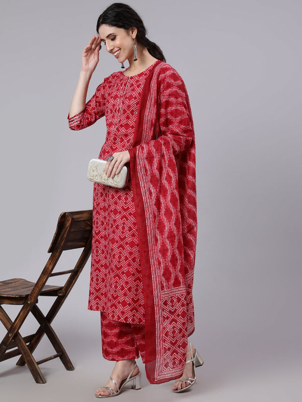 Women's Red Bandhani Printed Straight Kurta With Palzzo And Dupatta - Taantav