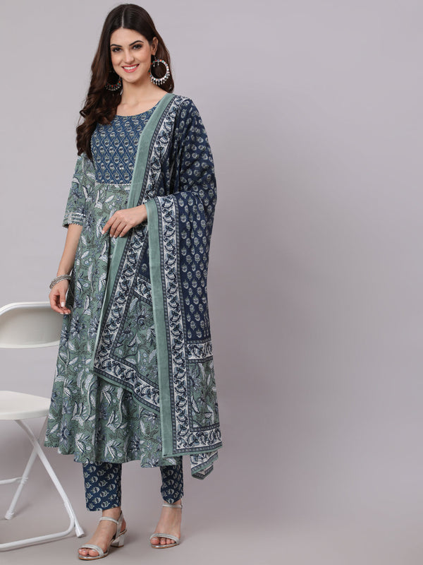 Women's Green And Blue Printed Flared Kurta With Palazzo And Dupatta - Taantav