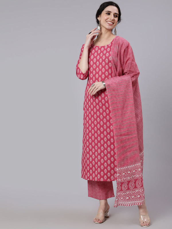 Women's Pink Ethnic Printed Straight kurta With Palazzo and dupatta - Taantav