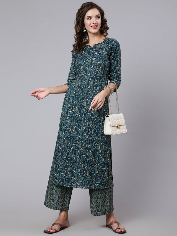 Women's Teal Blue Printed Ethnic Kurta With Palazzo - Taantav