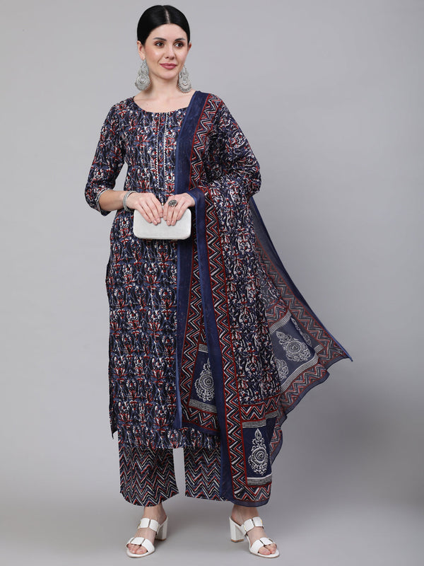 Women's Multi Printed Straight Kurta With Palazzo & Dupatta - Taantav