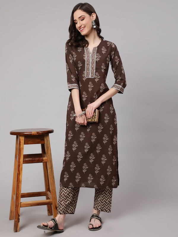 Women's Brown Floral Printed Straight Kurta With Palazzo - Taantav