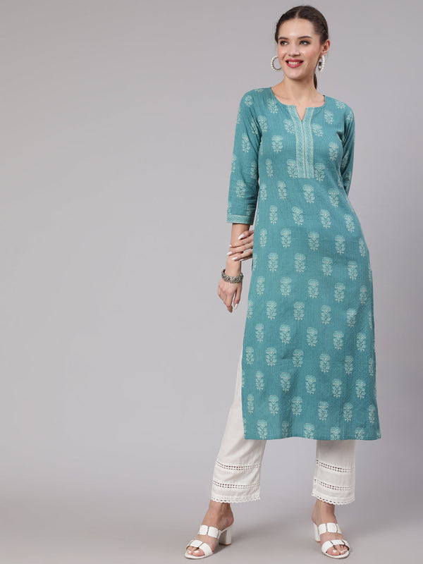 Women's Sea Green Printed Straight Kurta With White Solid Trouser - Taantav