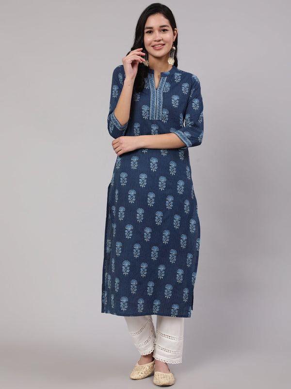 Women's Blue Printed Straight Kurta With White Solid Trouser - Taantav