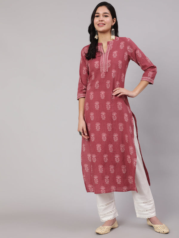 Women's Mauve Printed Straight Kurta With White Solid Trouser - Taantav