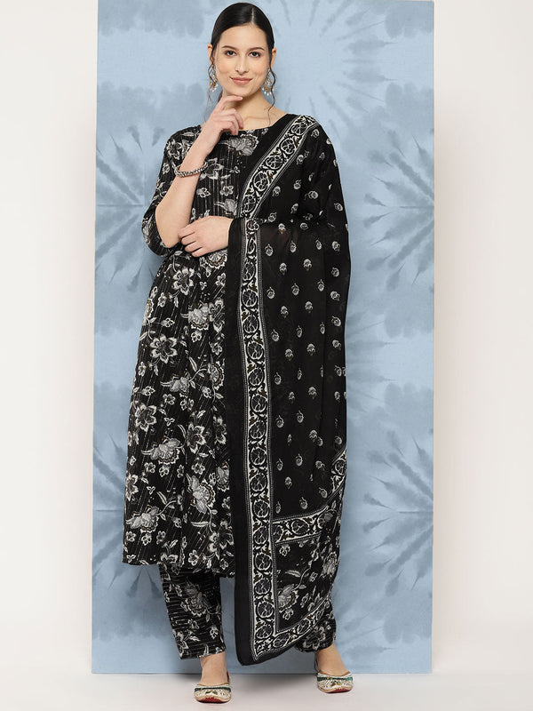 Women's Black Floral Printed Flared Kurta With Trouser And Dupatta - Taantav