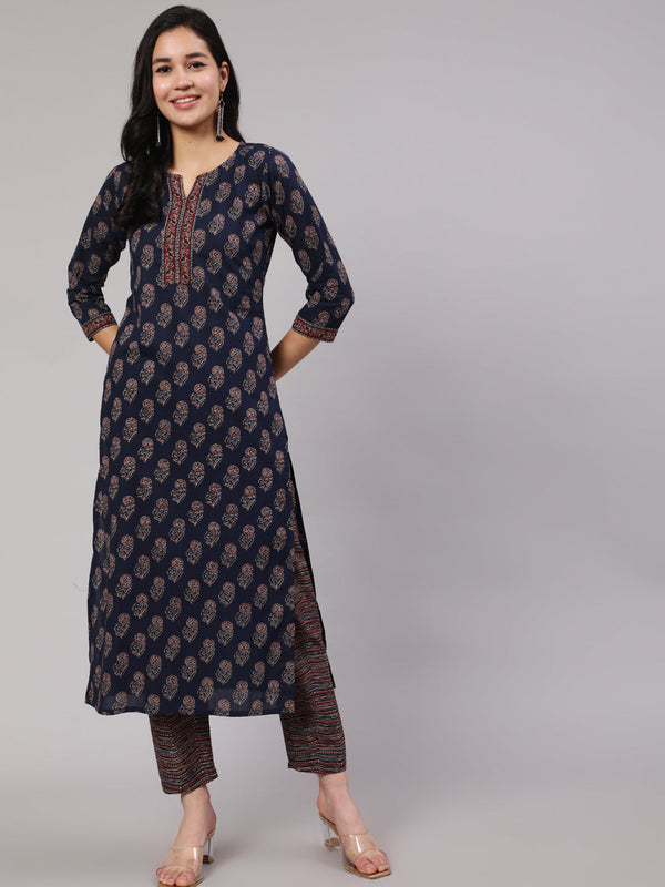 Women's Navy Blue Ethnic Printed Straight Kurta With Trouser - Taantav