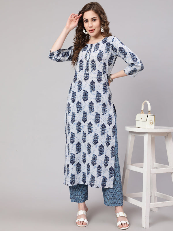 Women's Blue Printed Straight Kurta With Trouser - Taantav