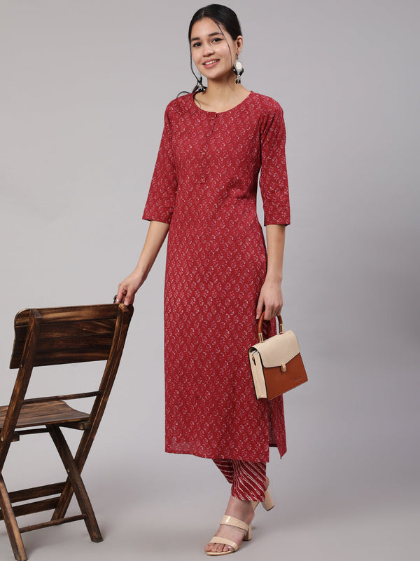 Women's Burgundy Ethnic Printed Straight Kurta With Trouser - Taantav