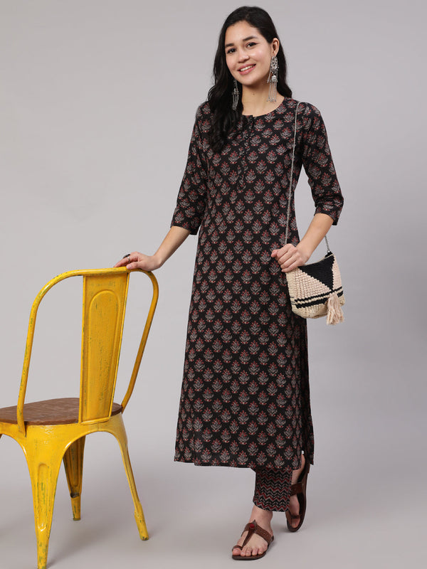 Women's Black Ethnic Printed Straight Kurta With Trouser - Taantav