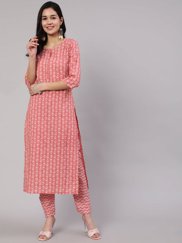 Women's Pink Ethnic Printed Straight Kurta With Trouser - Taantav