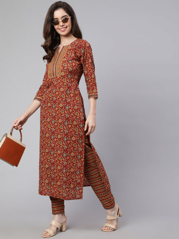 Women's Maroon Ethnic Printed Straight Kurta With Trouser - Taantav