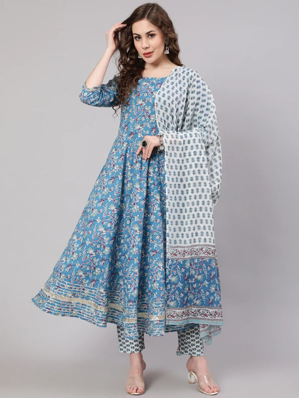 Women's Blue Printed Anarkali Kurta With Trouser And Dupatta - Nayo Clothing