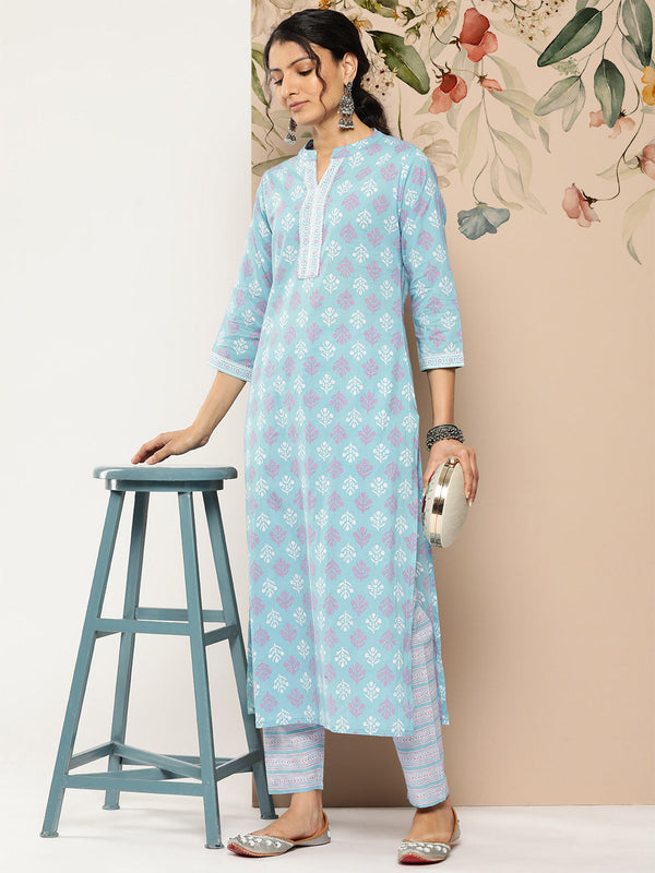 Women's Sky Blue Printed Straight Kurta With Trouser - Taantav