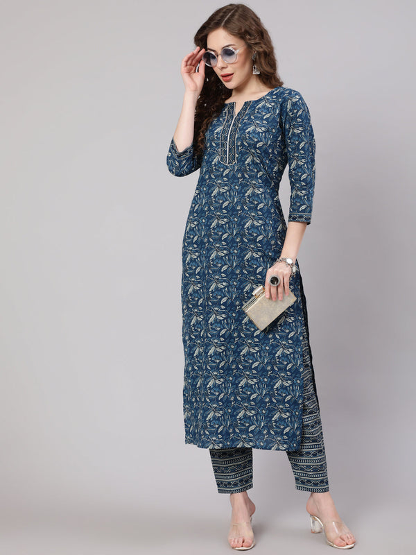 Women's Blue Printed Straight Kurta With Trouser - Taantav