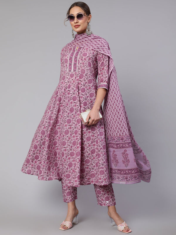 Women's Lavender Floral Printed Kurta With Palazzo And Dupatta - Taantav