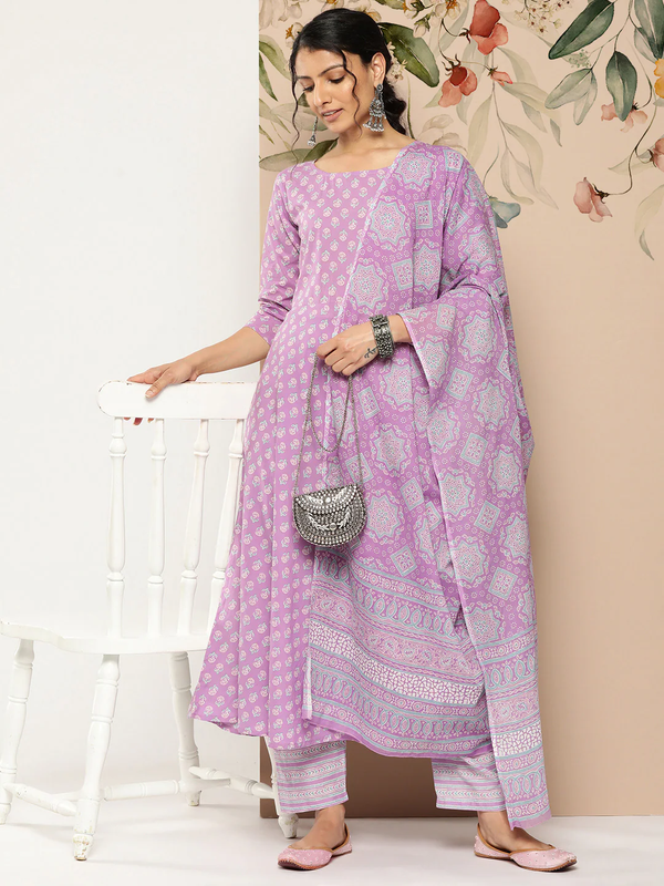 Women's Lavender Ethnic Printed Kurta With Trouser And Dupatta - Taantav