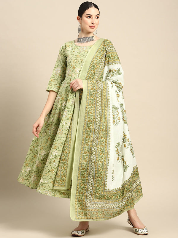 Women's Green Floral Printed Anarkali Kurta With Trouser And Dupatta - Nayo Clothing